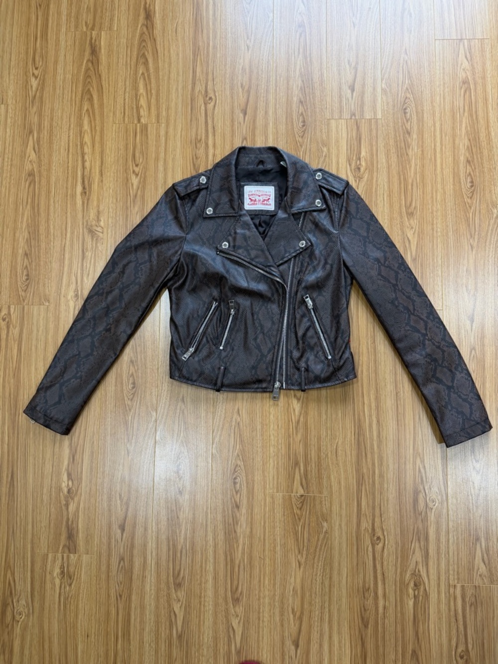 Levi's Faux Leather Snake Print Moto Jacket Brown Black Size Small